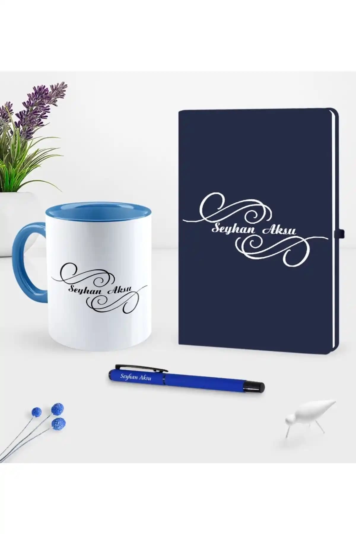 Kişiye Özel Lacivert Defter Kalem ve Kupa Seti İş ve Hobi Kullanımı İçin Uygun