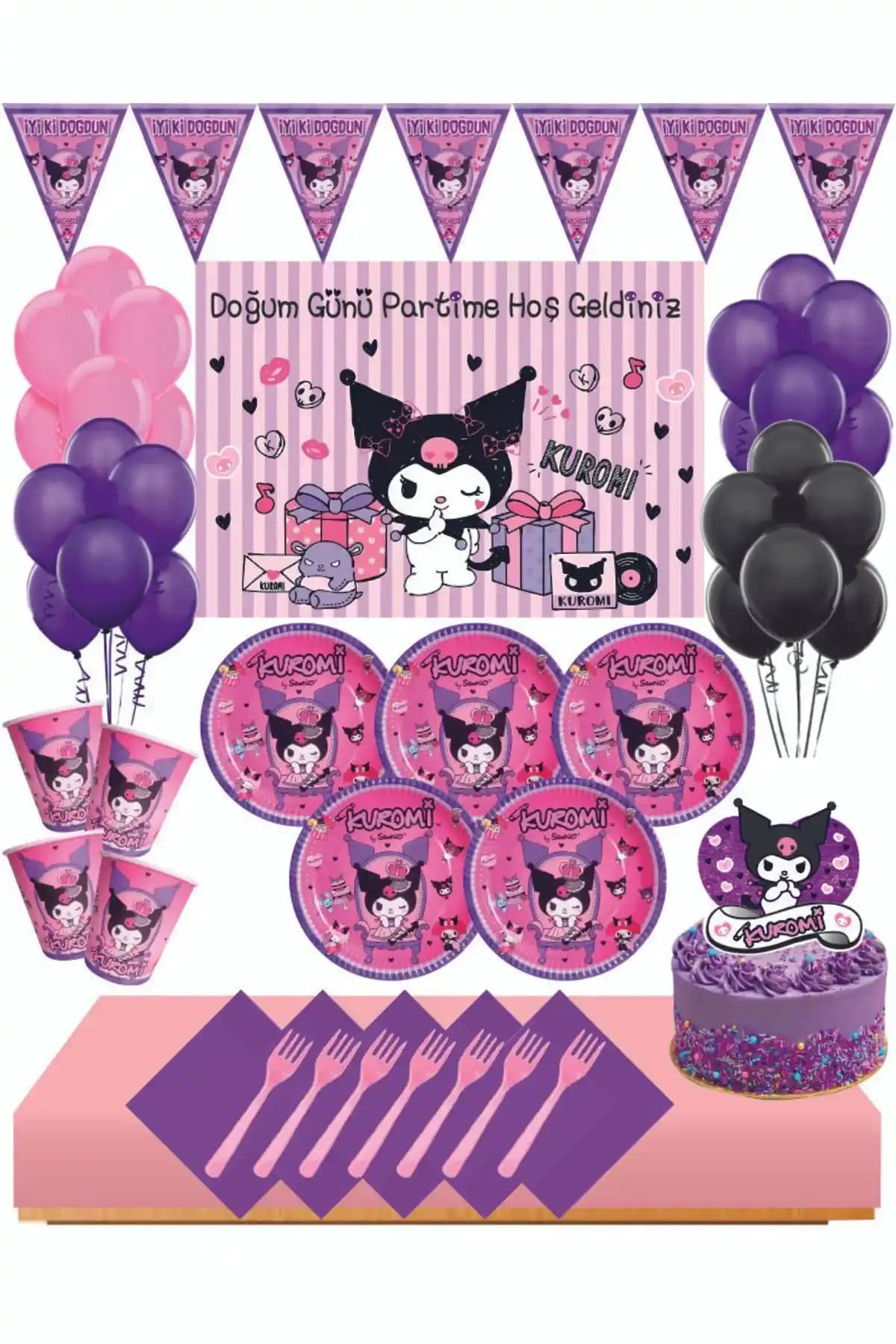 Masal Şekerleme Kuromi 16 Kişilik Doğum Günü Seti Renkli ve Eğlenceli Kutlamalar İçin Uygun