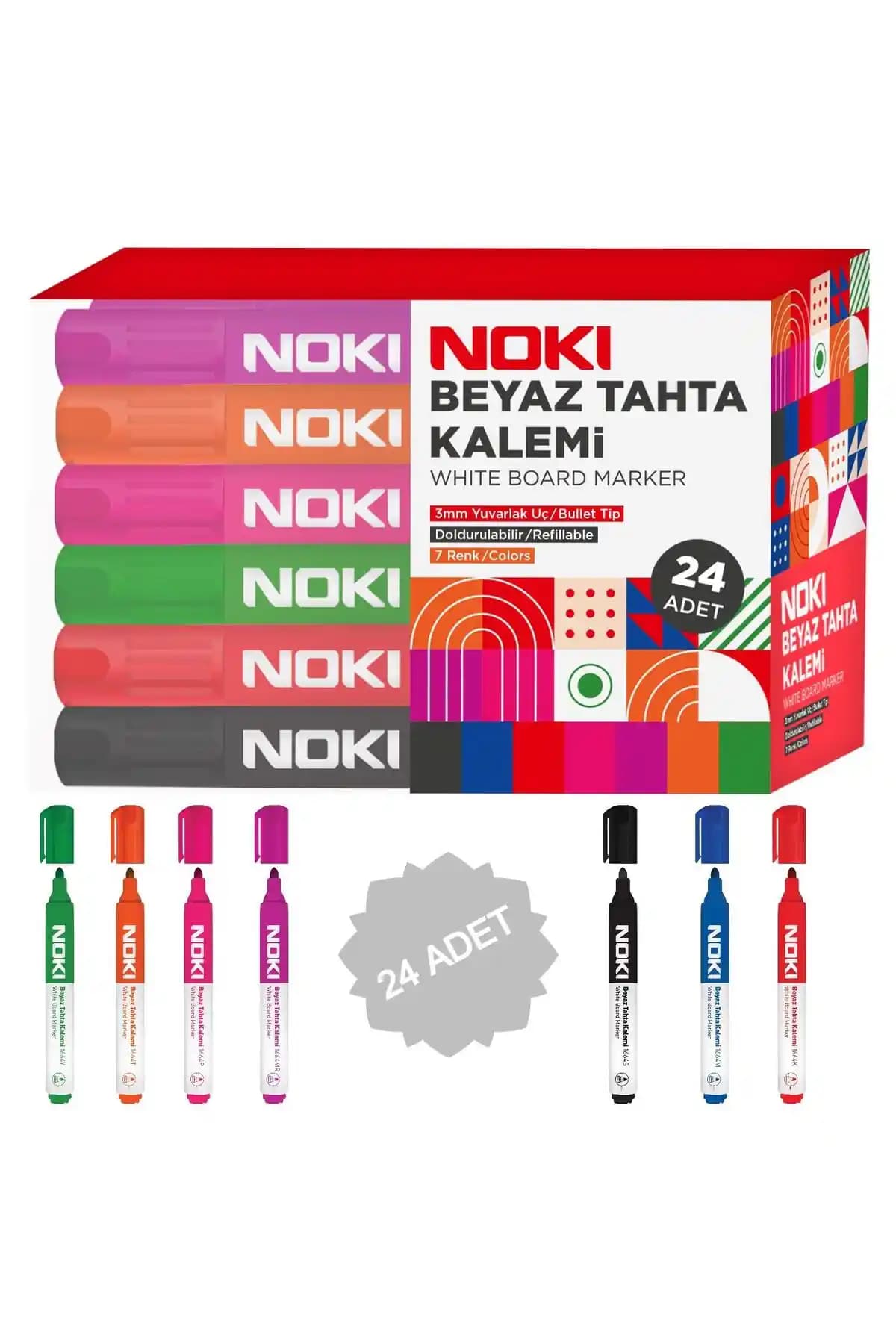 Noki Doldurulabilir Beyaz Tahta Kalemi 24 Lü Seti Ofis ve Eğitim Kullanımı İçin