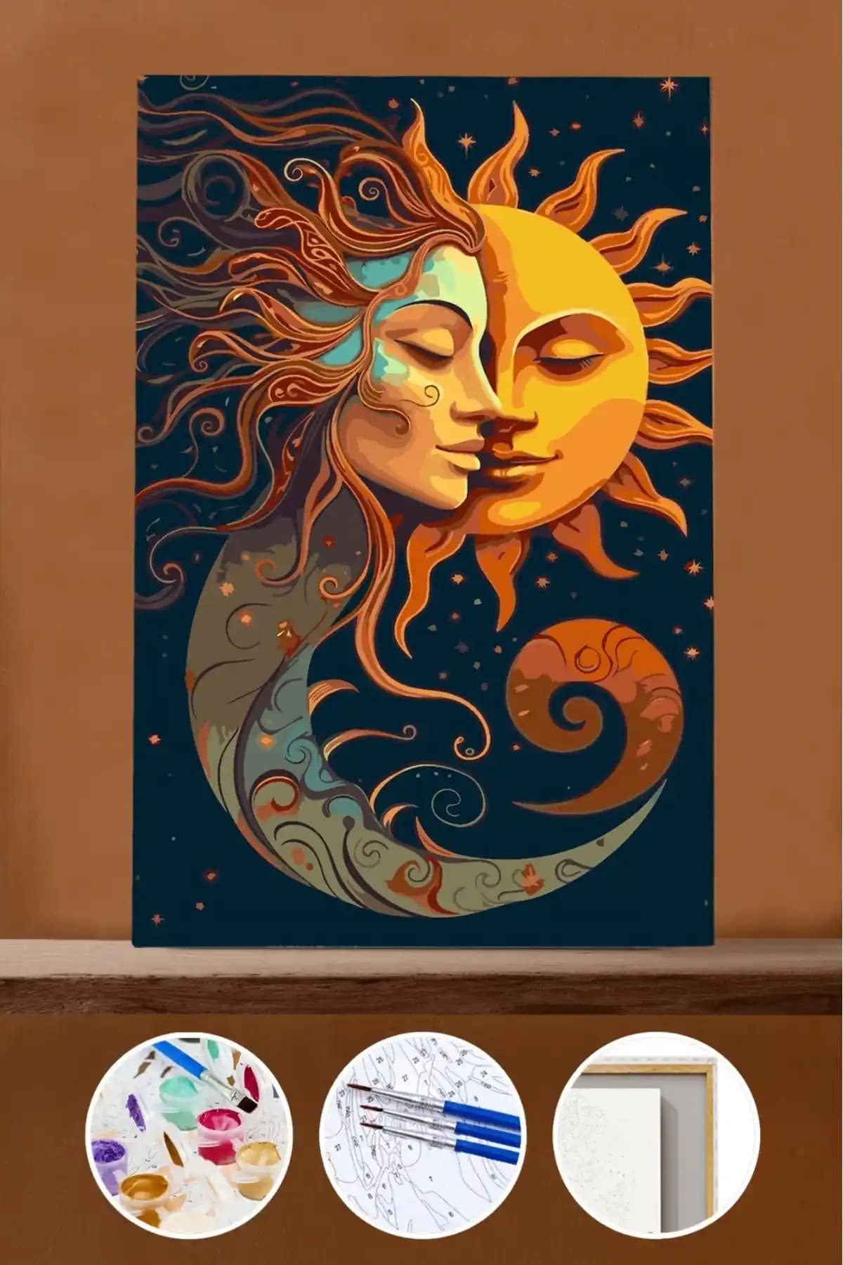 Pastelya Sayılarla Boyama Seti Güneş ve Ay Temalı Çerçeveli Kasnaklı Tasarım