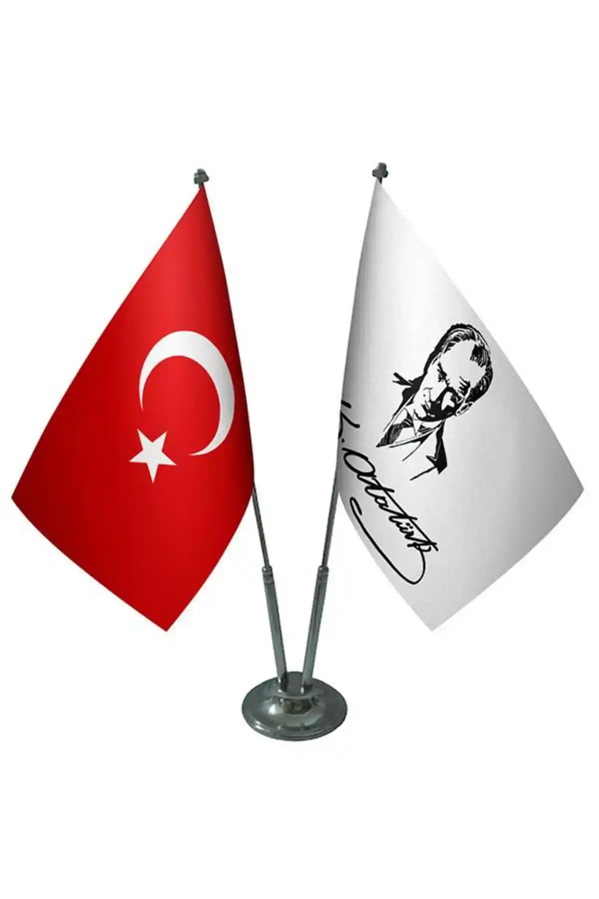 Saturn Masa Üstü Atatürk İmzalı Bayrak Seti: Dayanıklı ve Estetik Kurumsal Kullanım