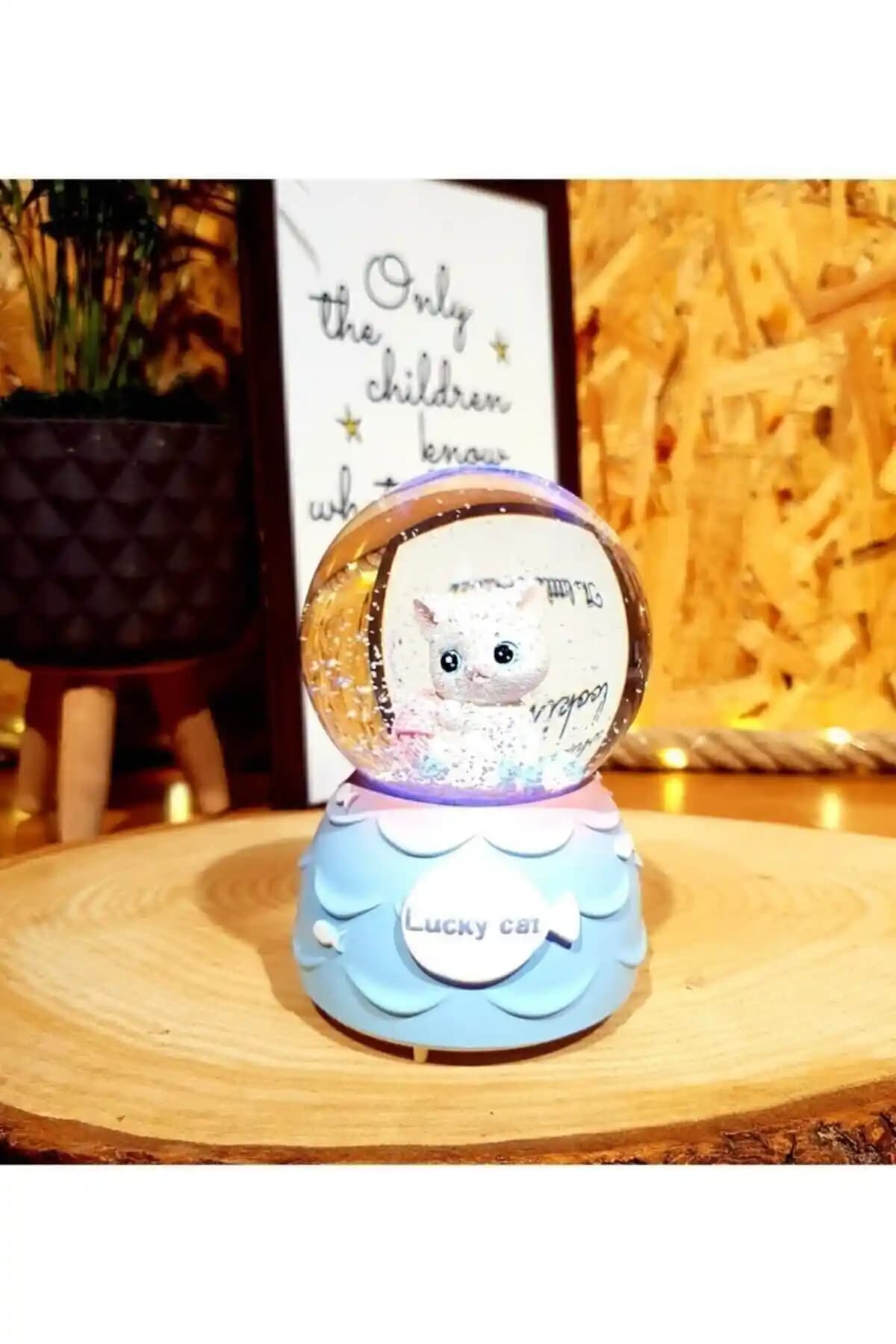 Sevimli Kedi Renk Değiştiren Işıklı Müzikli Kar Küresi Dekoratif ve Hediye Seçeneği