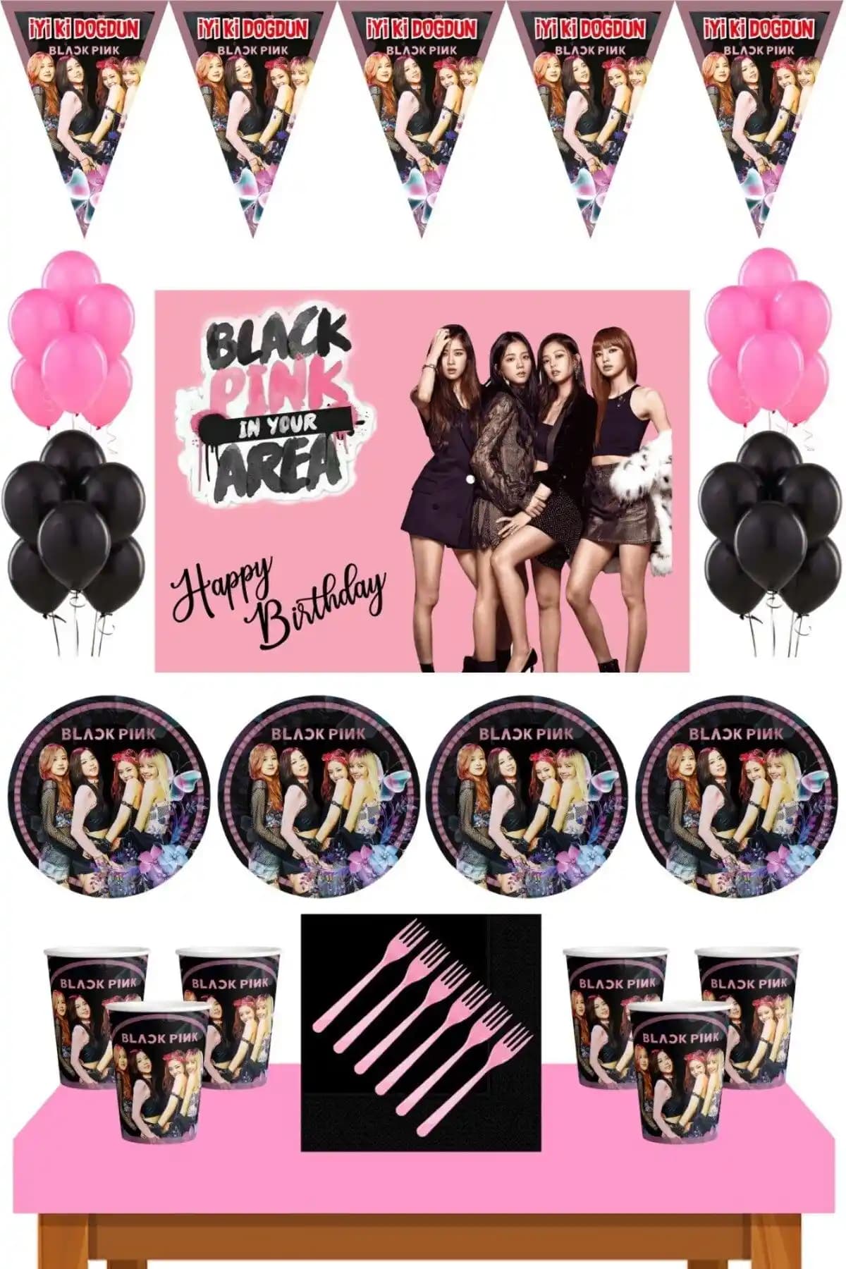 Black Pink Doğum Günü Parti Malzemeleri Seti 8 Kişilik ve Renkli Tasarım