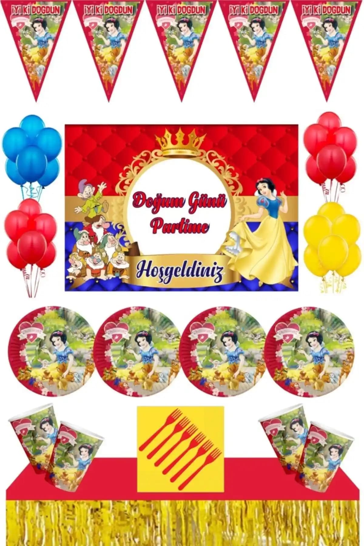 Pamuk Prenses Temalı Çocuk Parti Malzemeleri Seti Geniş Kapasite ve Kolay Kullanım