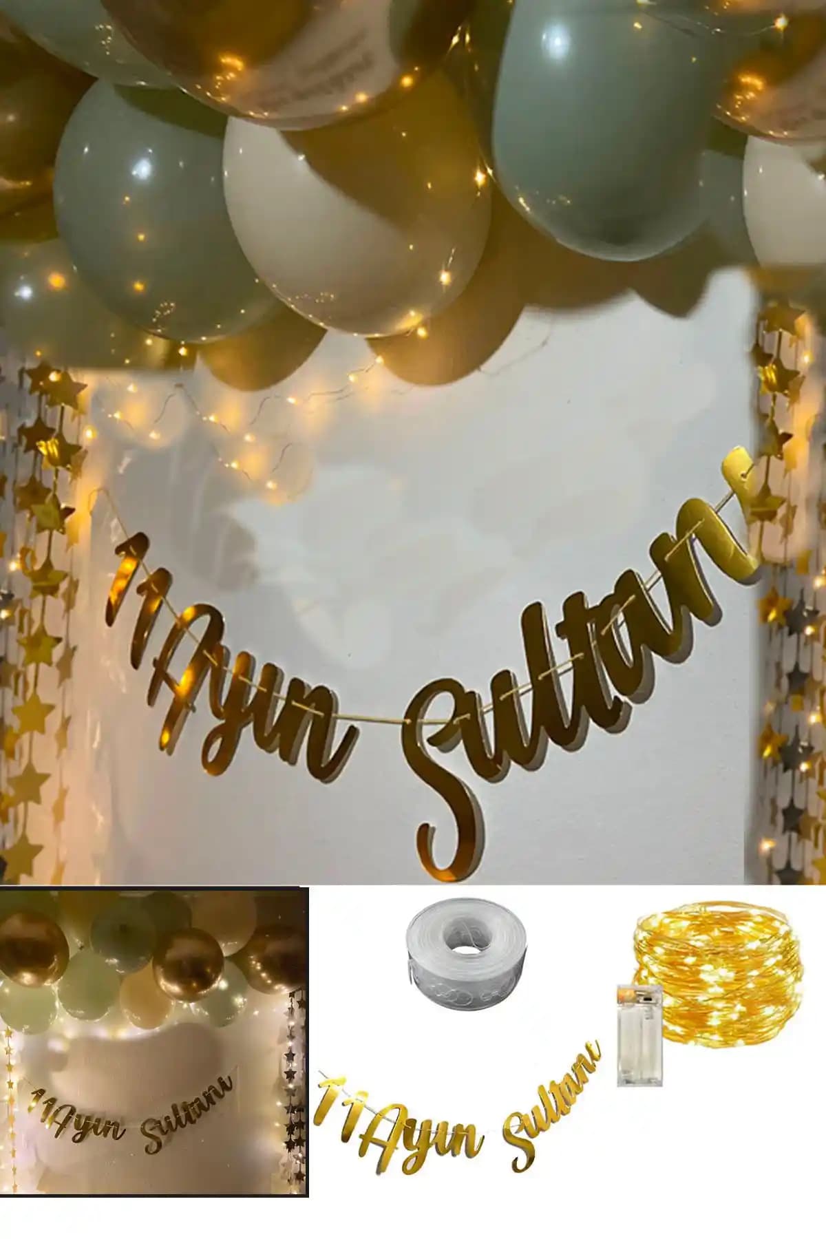 Parti Dolabı 11 Ayın Sultanı Gold Yazı Ledli Zincir Balon Seti Dekorasyon Ürünü