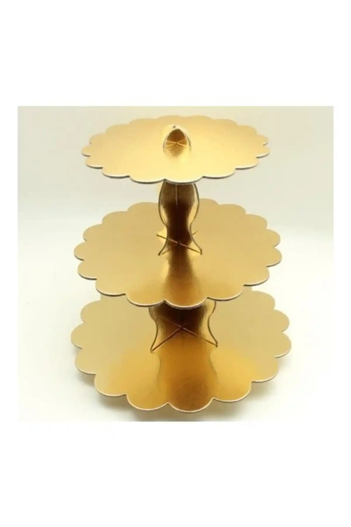 Parti Organizasyonları İçin Şık 3 Katlı Gold Dore Cupcake Standı