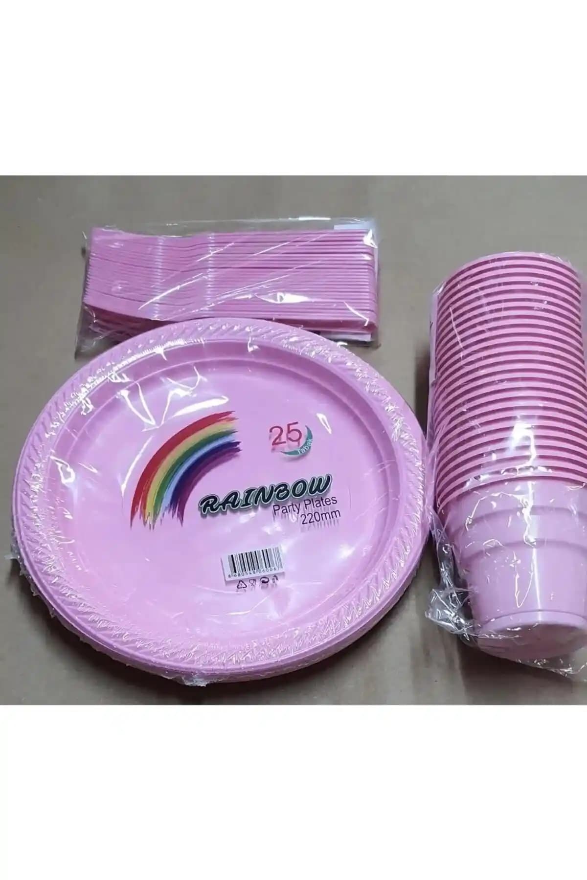 Pembe Renkli 25 Kişilik Tek Kullanımlık Tabak, Bardak ve Çatal Seti