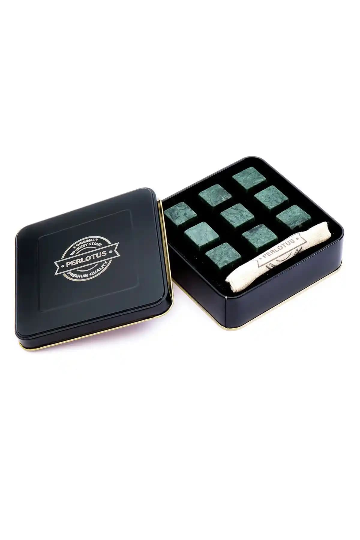Perlotus 9'lu Yeşil Mermer Viski Taşı Seti Hediye Kutusu ile Şık Tasarım