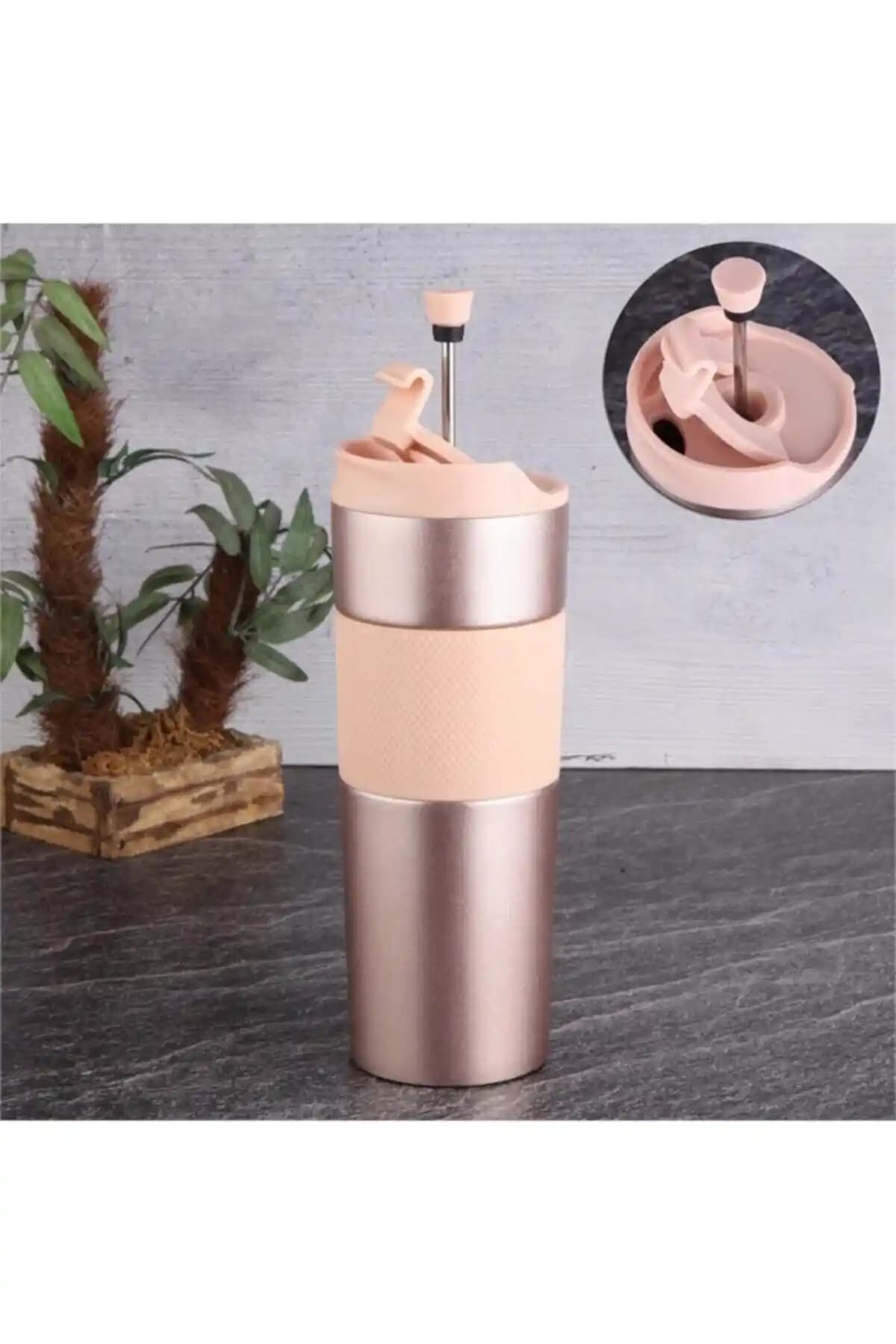 Tohana French Press Çelik Termos Kupa Rose Gold 500ml – Şık ve Pratik İçecek Aksesuarı