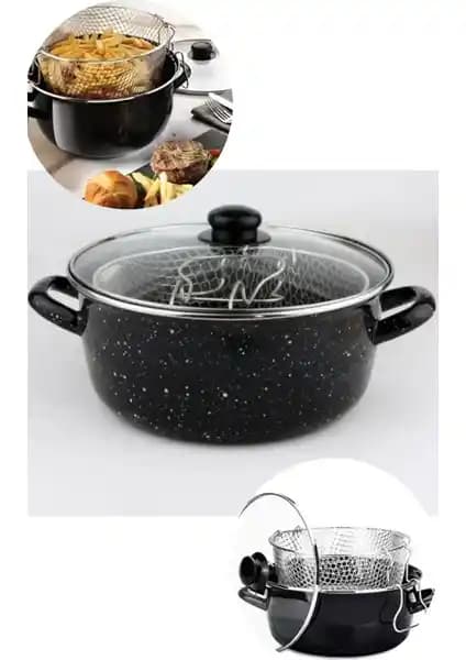 Trendhane Emaye Cam Kapaklı Patates ve Sebze Kızartma Tenceresi 26 cm, Sağlam ve Dayanıklı Mutfak Gereciği