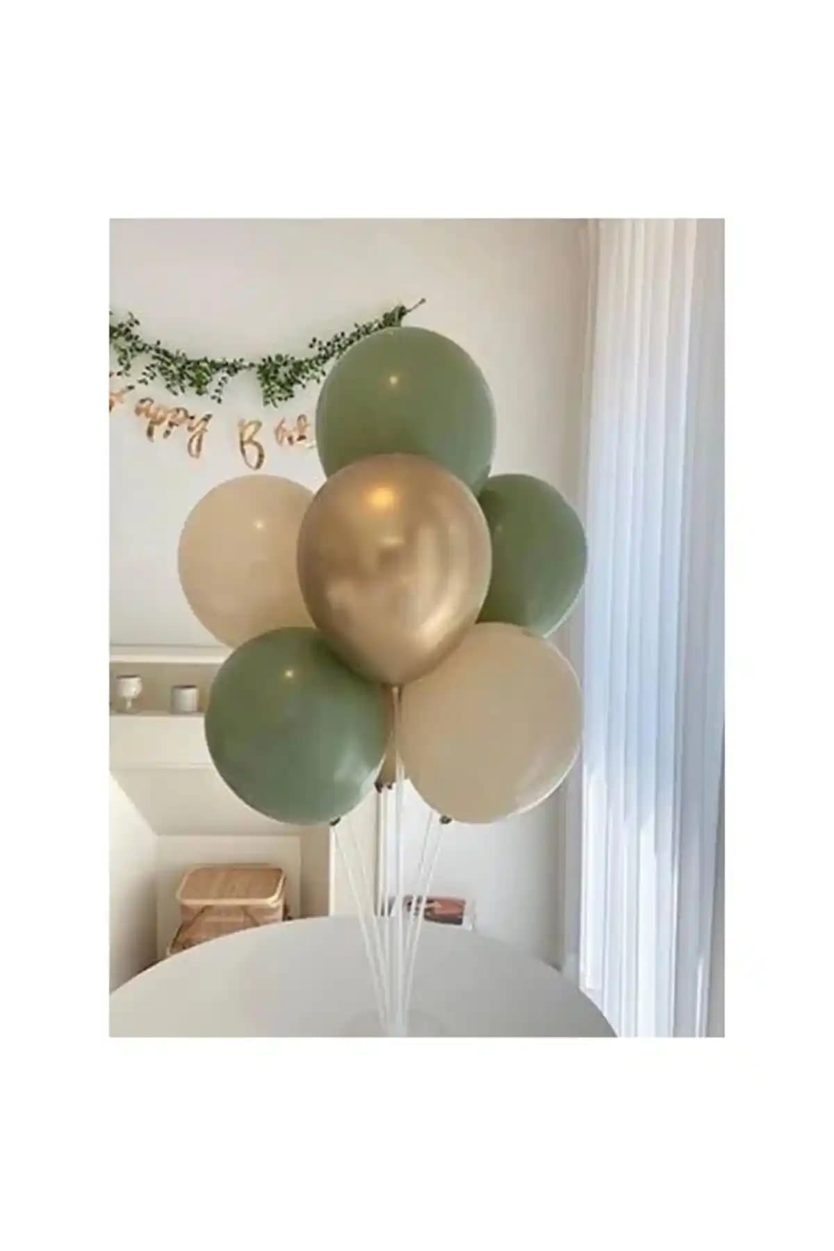 70 cm Balon Standlı Küf Yeşili ve Gold Krom Balon Seti ile Şık Parti Dekorasyonu