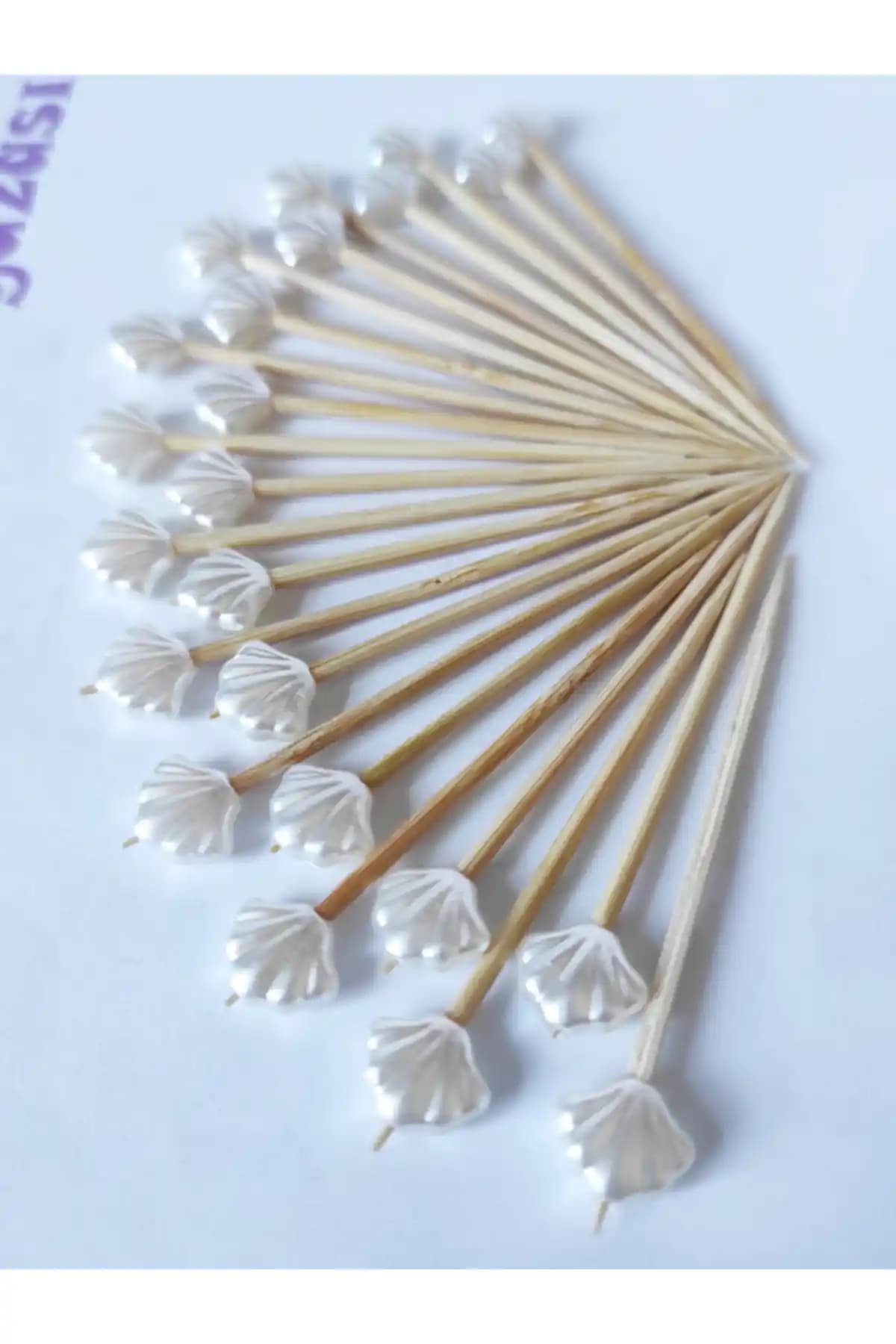 Dekoratif Deniz Kabuğu İnci Süslemeli Ahşap Kürdan Seti, 50 Adet, 6 cm, Türkiye Menşeli