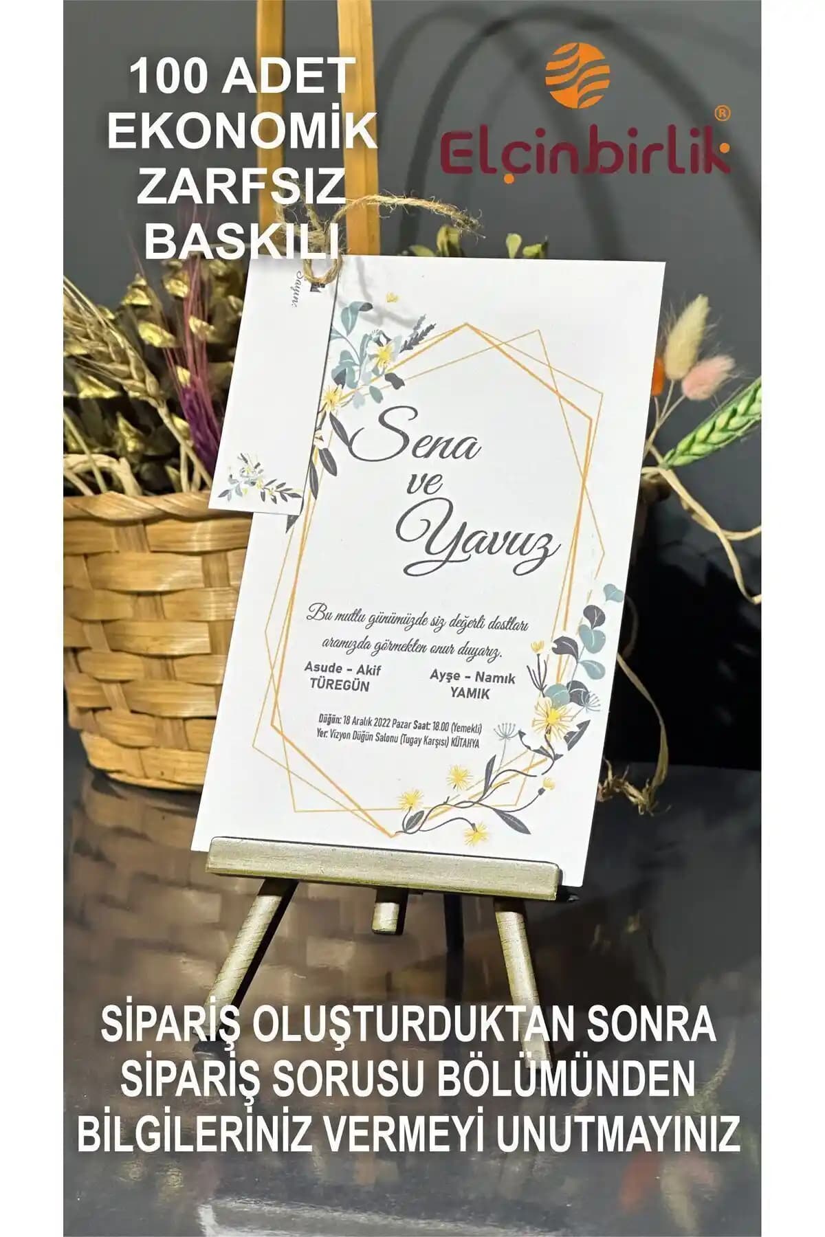 Elçinbirlik Zarfsız İpli Davetiye Seti – Düğün/Nişan İçin 100 Adet Baskılı Paketi