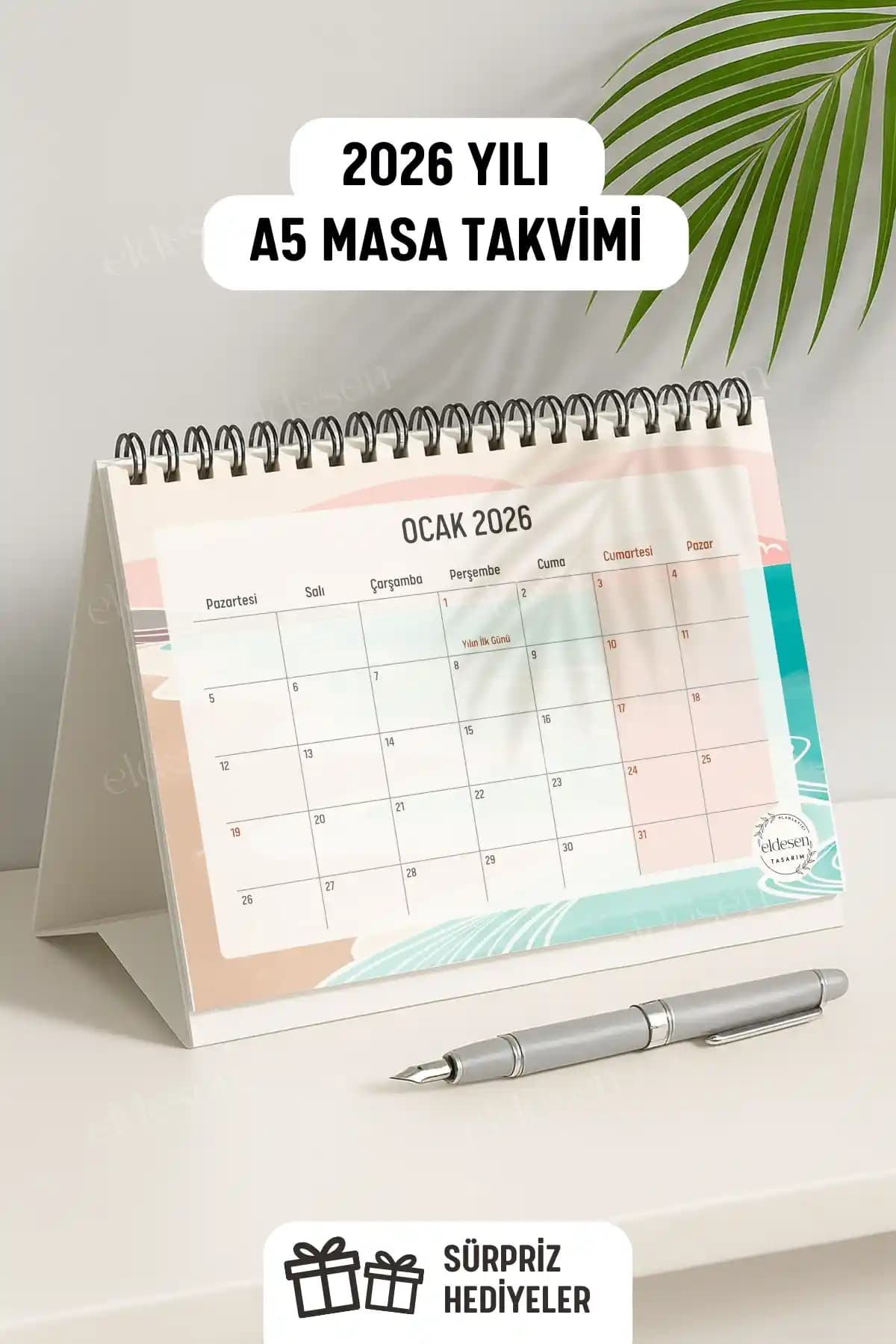 Eldesen Tasarım 2026 Masa Takvimi Spiralli A5: 12 Aylık Planlama ve Dayanıklı Tasarım