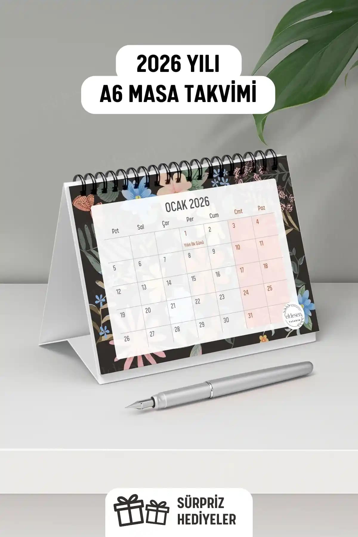 Kompakt ve işlevsel Eldesen 2026 Spiralli A6 Masa Takvimi ile aylık planlarınız takipte