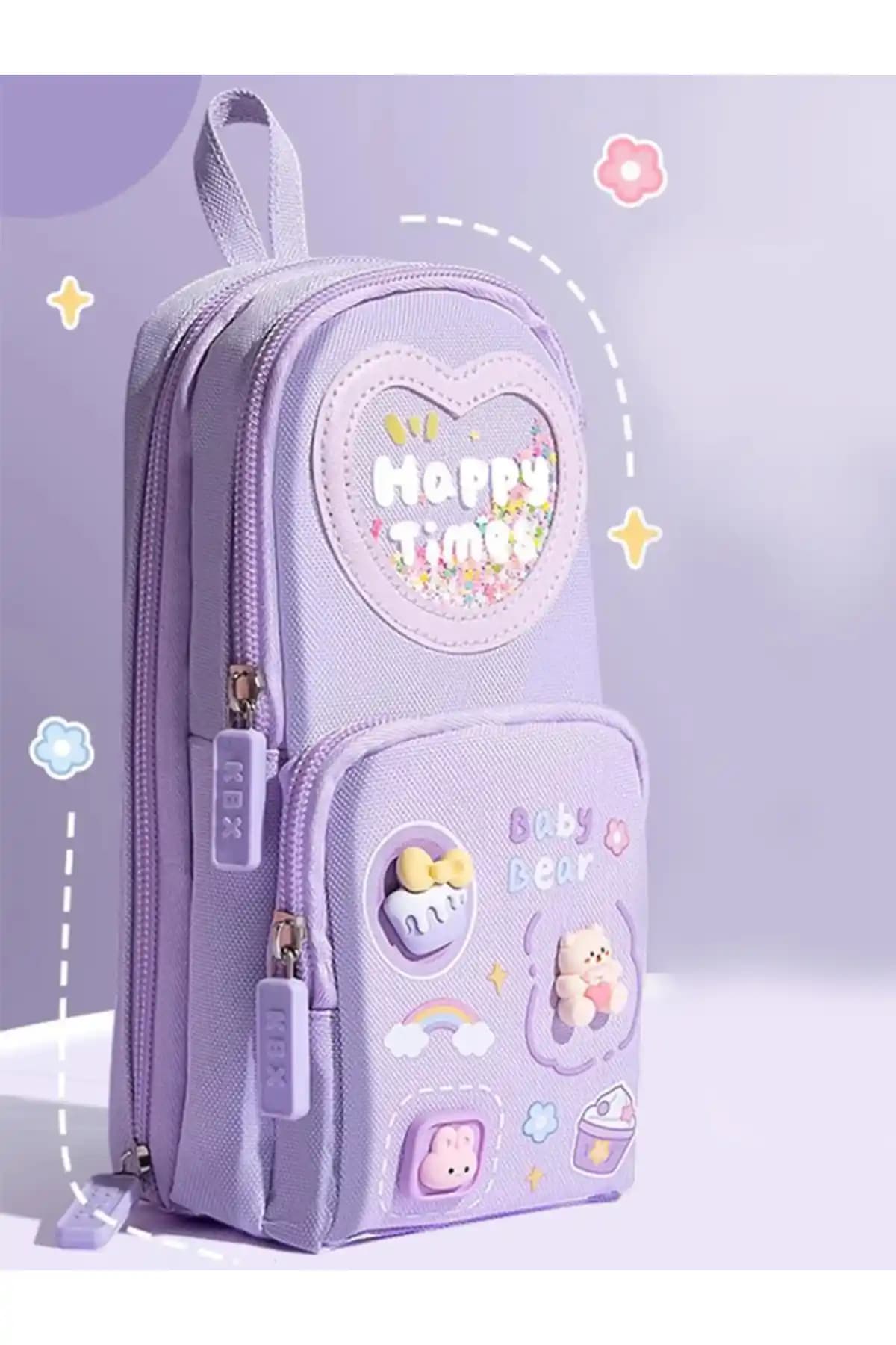 Mor Silindir Kalem Çantası ve Kalemlik: Üç Bölmeli, Dayanıklı Tekstil Malzemeyle Okul İçin Şık Bir Organizatör