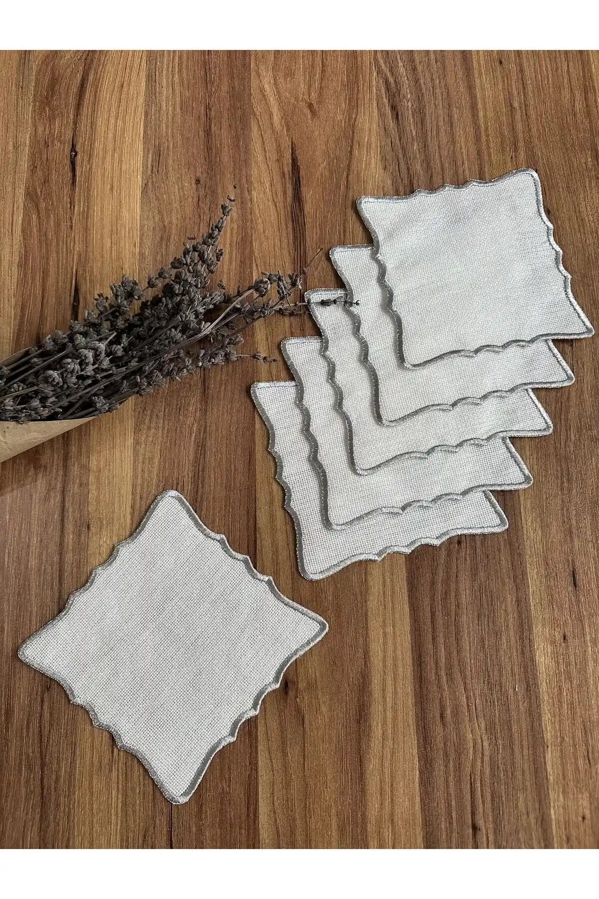 Nurhan Home Kare Etamin İşlemeye Uygun Ekru Keten Üzerinde Gümüş Nakışlı Peçete Seti