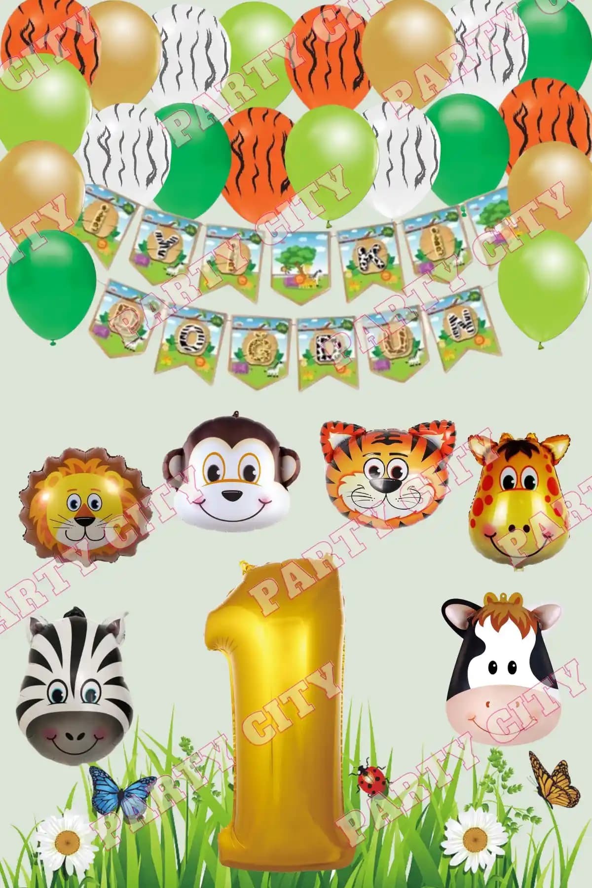 Party City Safari Balon Konsepti: 1 Yaş Doğum Günü İçin Altın ve Safari Figürlü Dekor Seti