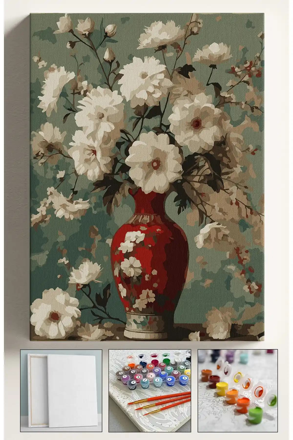 Sulepas Sayılarla Boyama Çerçeveli Hobi Seti: 40x50 cm tuvalde Kırmızı Vazo Teması