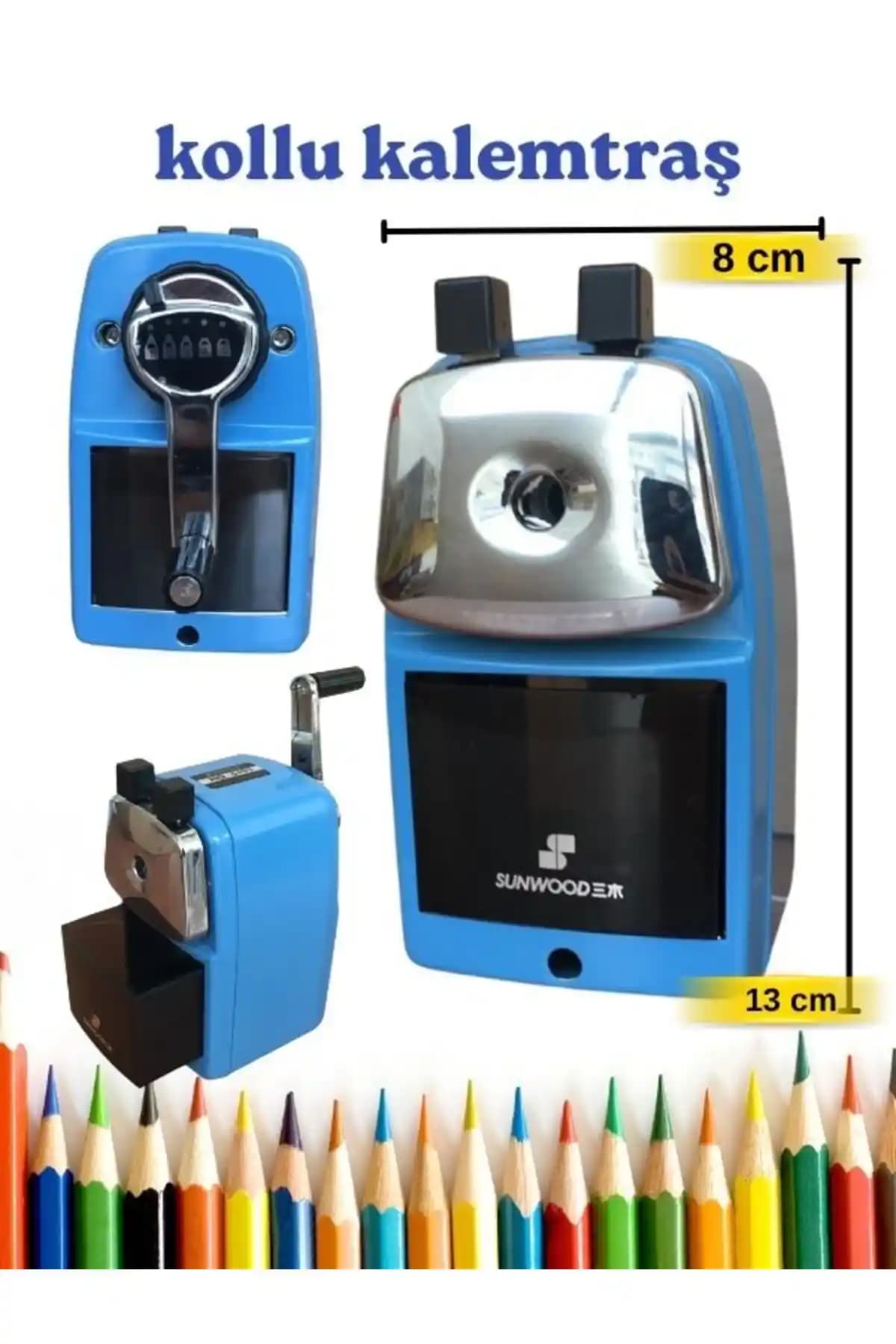 Türkiye Menşeli Kollu Masaüstü Kalemtraş: Kurşun Kalemlere Uyumlu, Mavi ve Dayanıklı