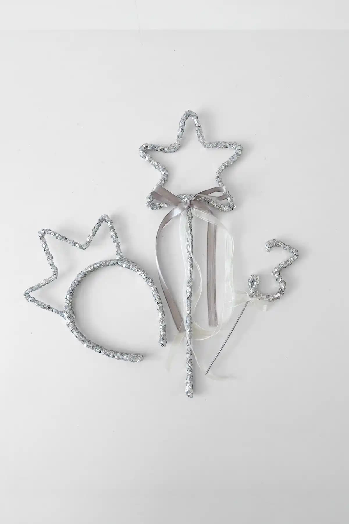 COOLMINIES Gümüş Rengi Kız Çocuk Doğum Günü Seti Taç Yıldız Değneği ve Pasta Süsü