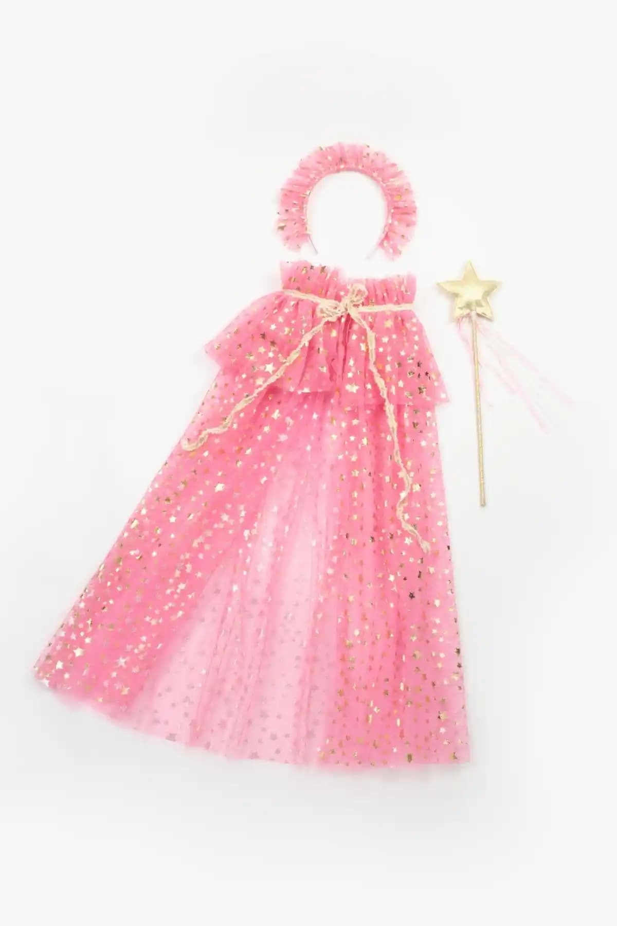 Le Mabelle Fuşya Kız Çocuk Yıldızlı Pelerin Asa ve Taç Seti Renkli ve Şık Tasarım