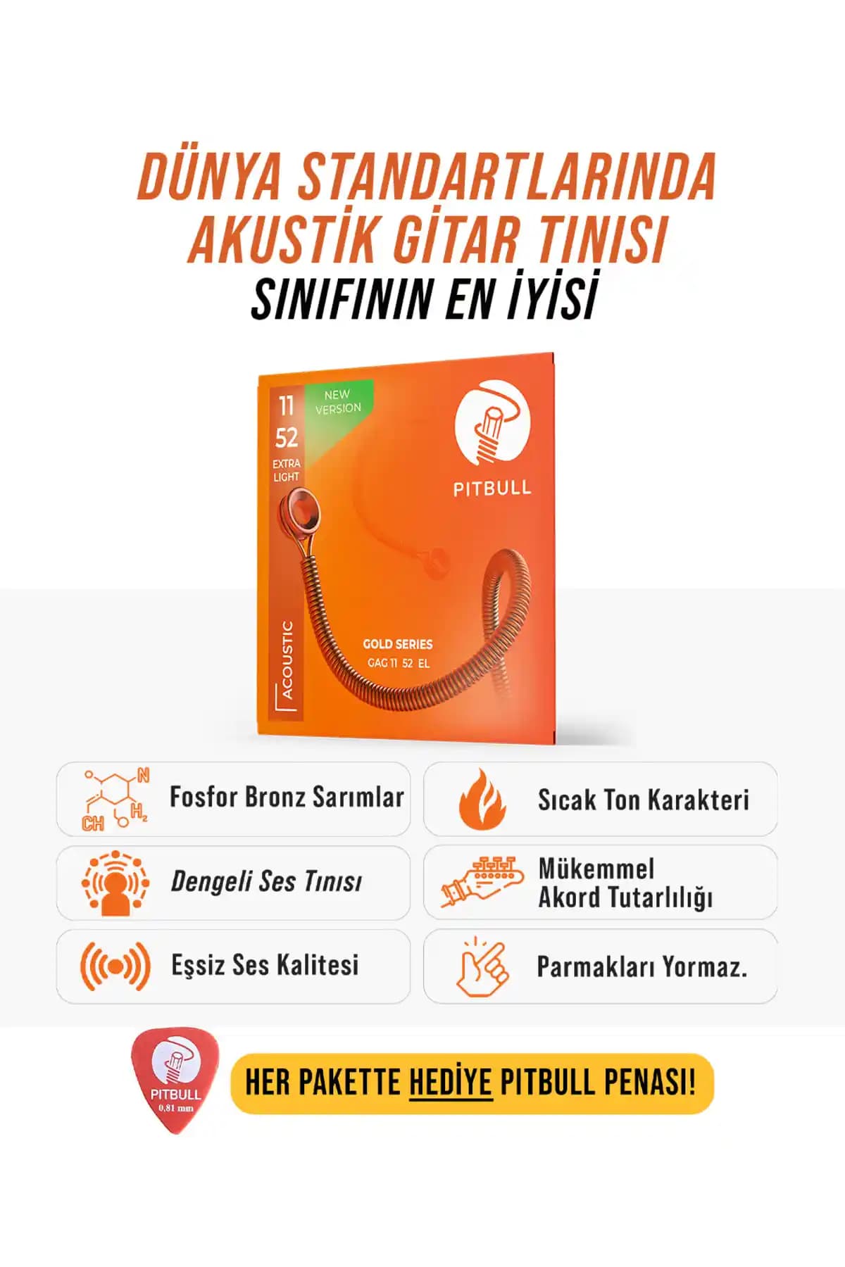 Pitbull Strings Gold Seri Akustik Gitar Teli Seti Yüksek Ses Kalitesi ve Dayanıklılık