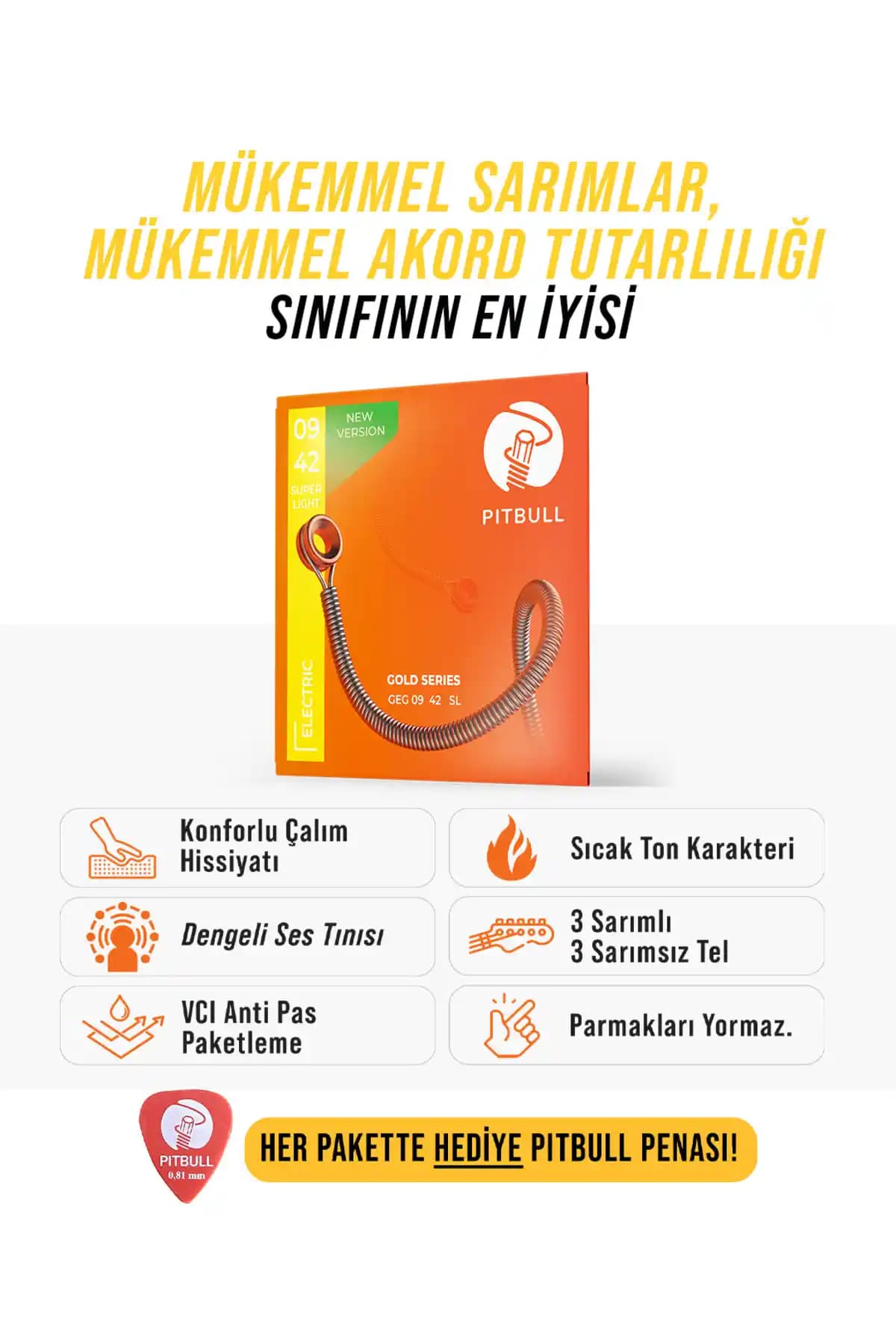 Pitbull Strings Gold Seri Elektro Gitar Teli ile Mükemmel Ton ve Dayanıklılık Sunar