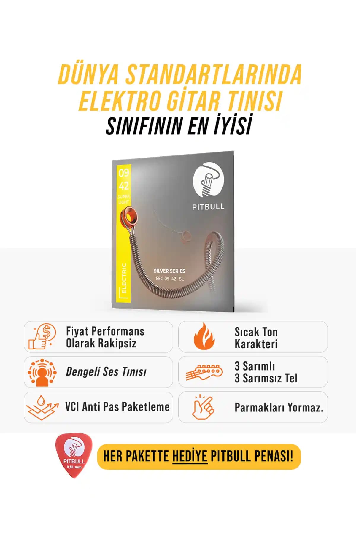 Pitbull Strings Gümüş Seri Elektro Gitar Teli SEG 09-42 SL Uzun Ömürlü ve Yüksek Ses Kalitesi