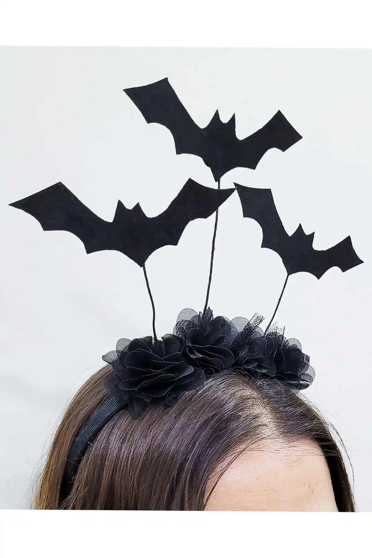 Tasarım Sentezi Siyah Yarasa Taç ve Tül Çiçekli Cadılar Bayramı Aksesuarı