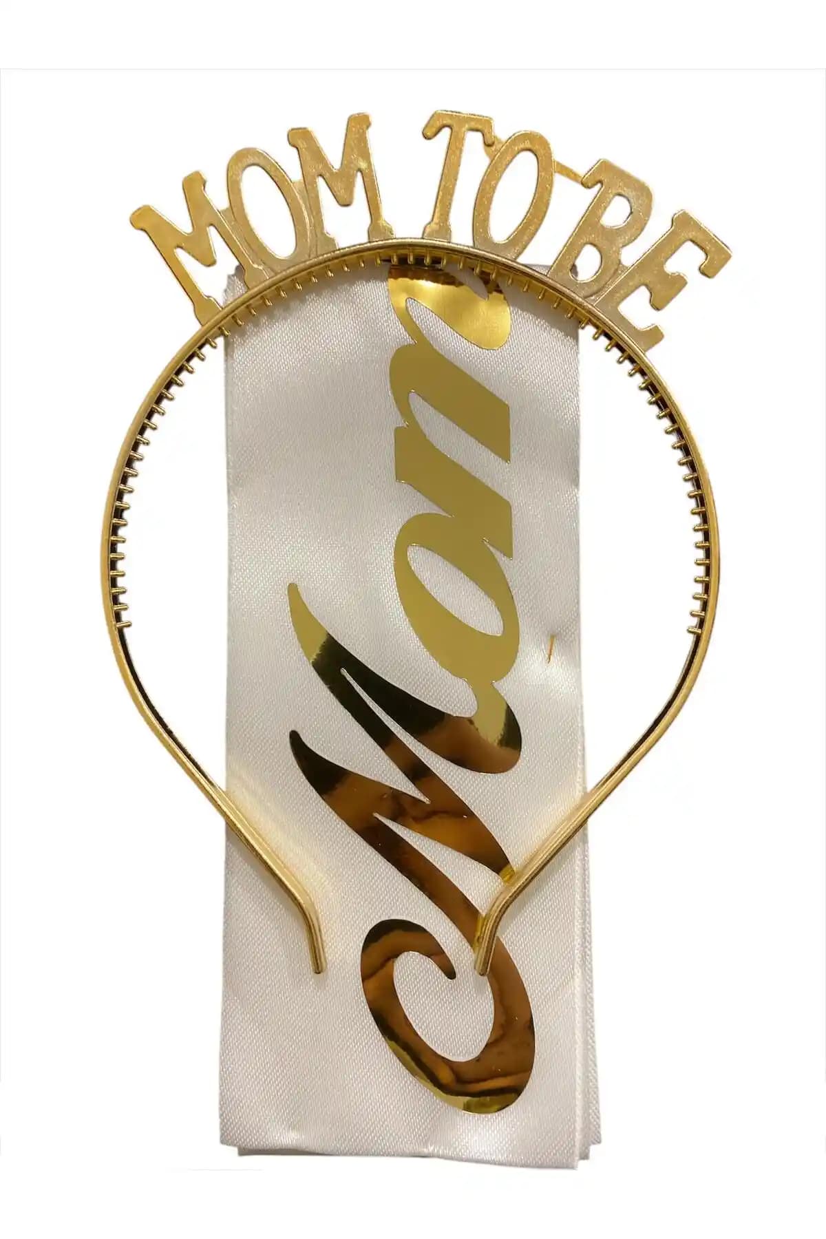 Turkuaz Parti MOM TO BE GOLD TAÇ-KUŞAK SETİ: Baby Shower ve Cinsiyet Partileri İçin Zarif Aksesuarlar