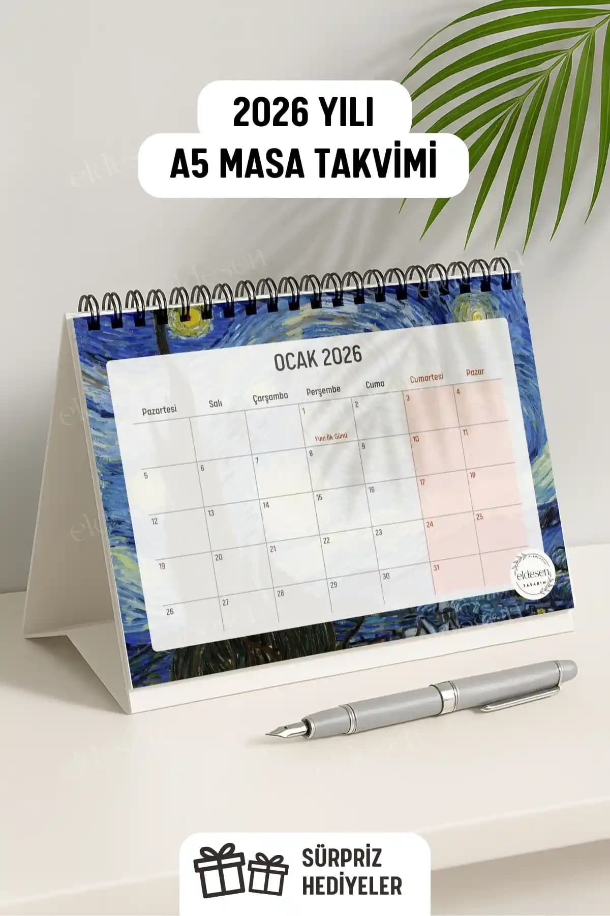 Eldesen Tasarım 2026 Van Gogh Temalı Spiralli A5 Büyük Boy Masa Takvimi