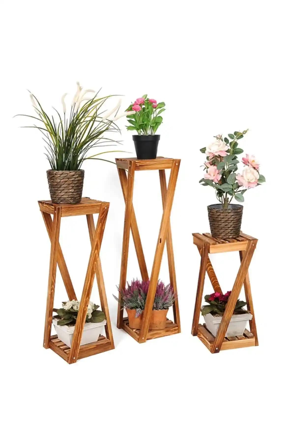 Genel Markalar Dekoratif Ahşap Üçlü Saksılık - Estetik ve Fonksiyonel Bitki Standı