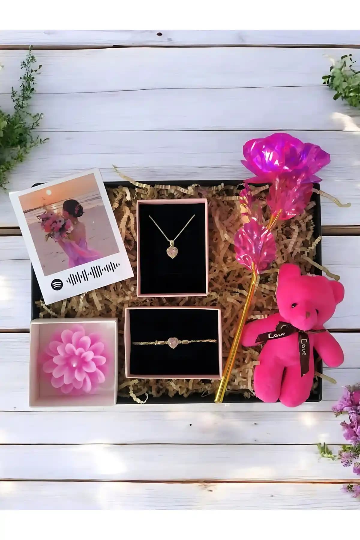 MARMORİ Pembe Gold Kalp Kolye ve Bileklikli Sonsuzluk Güllü Kişiselleştirilebilir Hediye Seti