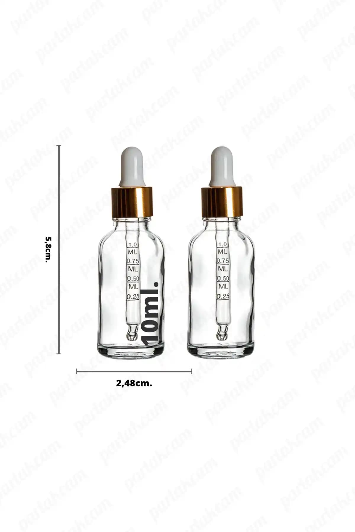 Parlakcam 10cc Damlalıklı Şeffaf Cam Serum Şişesi Gold Metal Başlıklı Dereceli