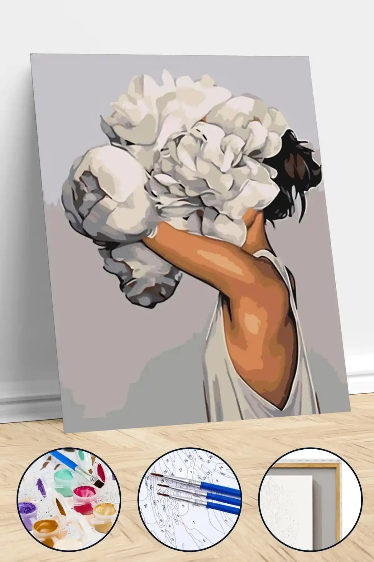 Pastelya Çiçek Kadın Sayılarla Boyama Seti 40x50 cm Çerçeveli Kasnaklı