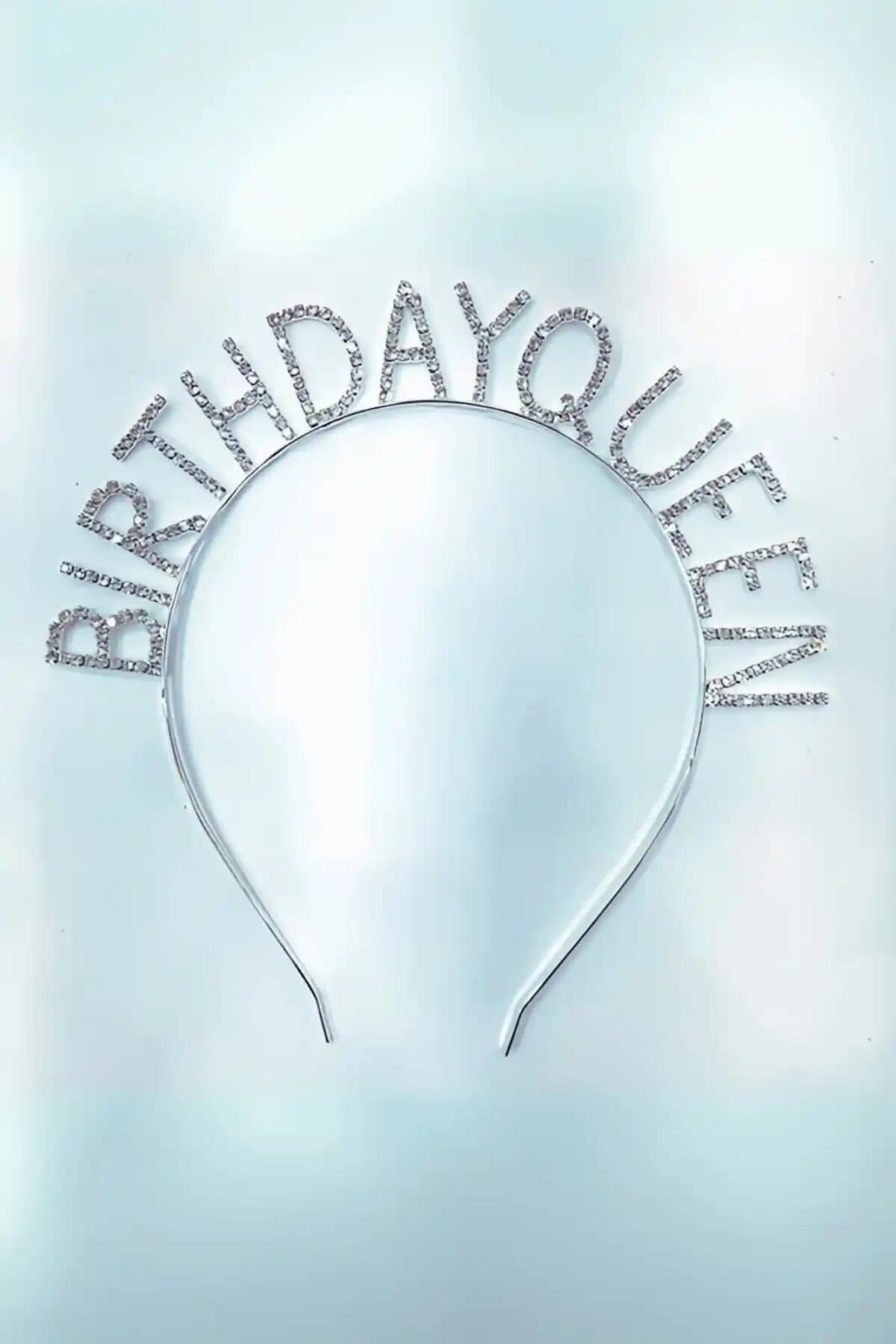 ReilaParty Kristal Taşlı Gümüş Renk Birthday Queen Doğum Günü Tacı Şıklığı