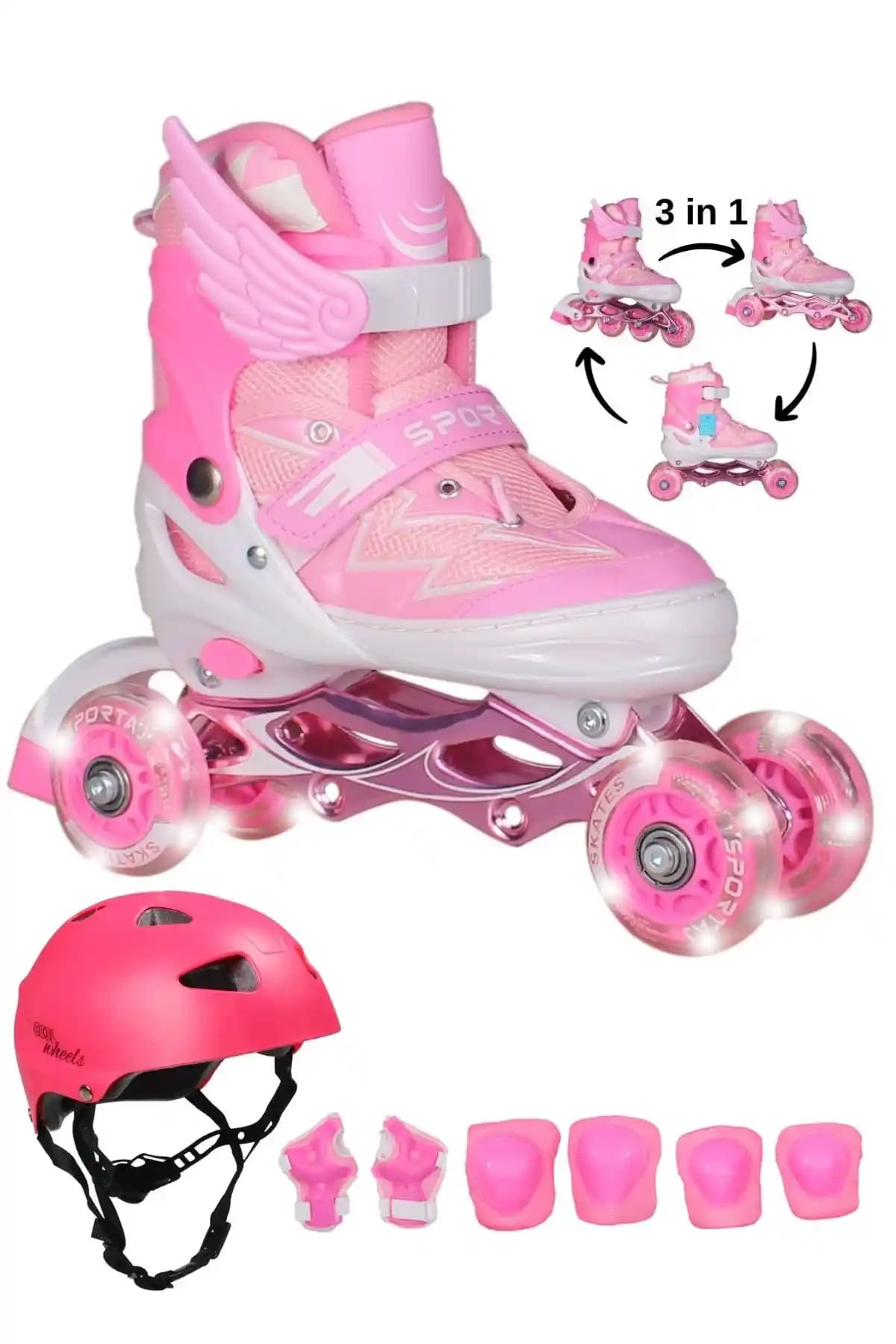 Sportaj Işıklı Silikon Tekerlekli Ayarlanabilir Çocuk Paten Seti ve Koruyucu Ekipmanlar