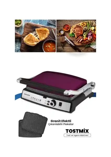 Goldmaster Tostmix Mor Paslanmaz Çelik 2000 W Çok Fonksiyonlu Tost ve Izgara Makinesi