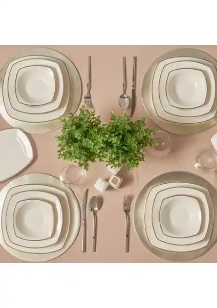 Karaca New Bone Tanya Platin 60 Parça 12 Kişilik Kare Yemek Takımı Şık ve Dayanıklı Tasarım