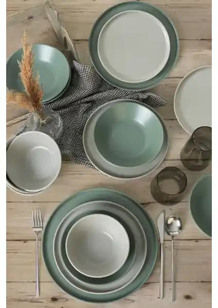 Keramika Mat Gri - Mat Yeşil Nor<dı>c Yemek Takımı 24 Parça Modern ve Dayanıklı Tasarım
