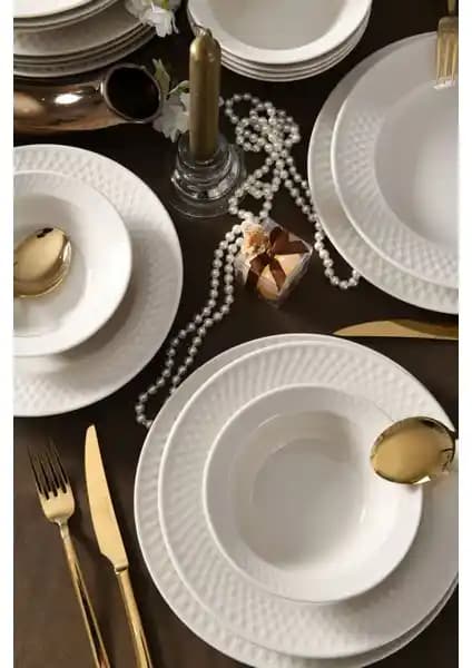 Kütahya Porselen Verona 18 Parça Bone Yemek Takımı 6 Kişilik Krem Renkli Modern Tasarım