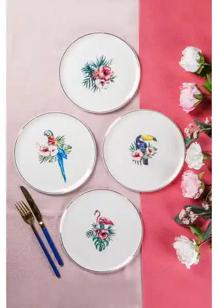 Porland Exotic Koleksiyonundan Doğal ve Tropik Temalı Pasta Tabağı Seti 4 Kişilik