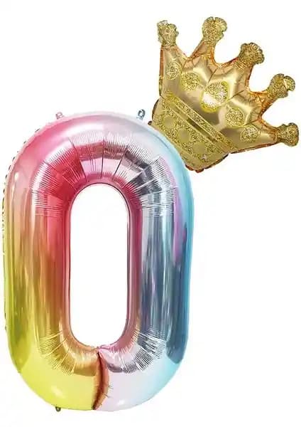 0 Yaş Gökkuşağı Rakam ve Kral Tacı Folyo Balon Seti Doğum Günü Kutlamaları İçin