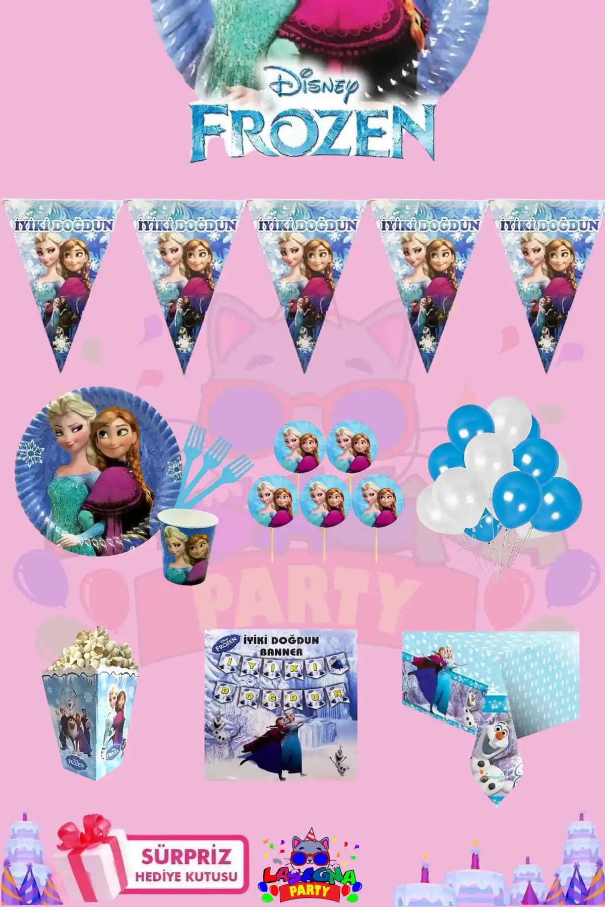 Frozen Elsa Temalı Doğum Günü Parti Seti 8 Kişilik Renkli ve Eğlenceli Dekorasyon Malzemeleri