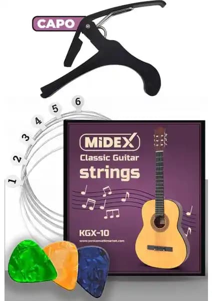 Midex KGX-10C Klasik Gitar Aksesuar Seti Pena ve Kapo ile Dayanıklı ve Uygun Fiyatlı