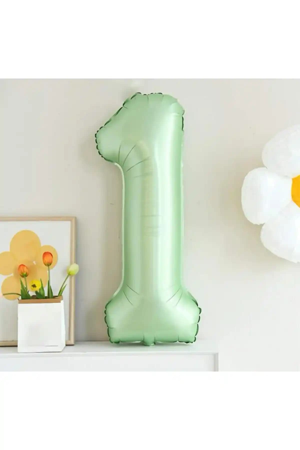 Partifabrik Retro Adaçayı Yeşili Rakam Folyo Balon 1 Yaş Kutlamaları İçin Şık Dekorasyon Seçeneği