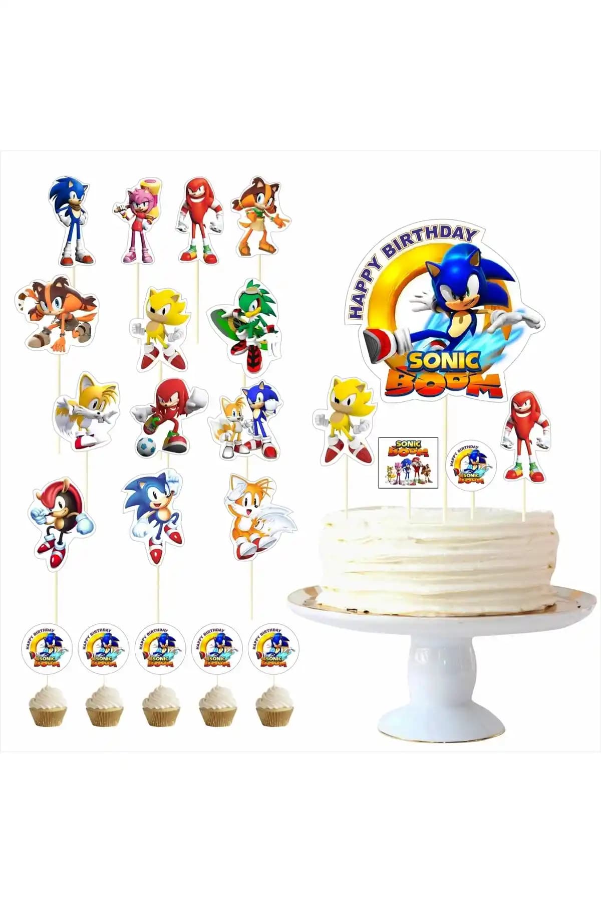 Siyah Parti Evi Sonic Boom Doğum Günü Pasta Süsü Kürdan Seti Renkli ve Eğlenceli Dekorasyon