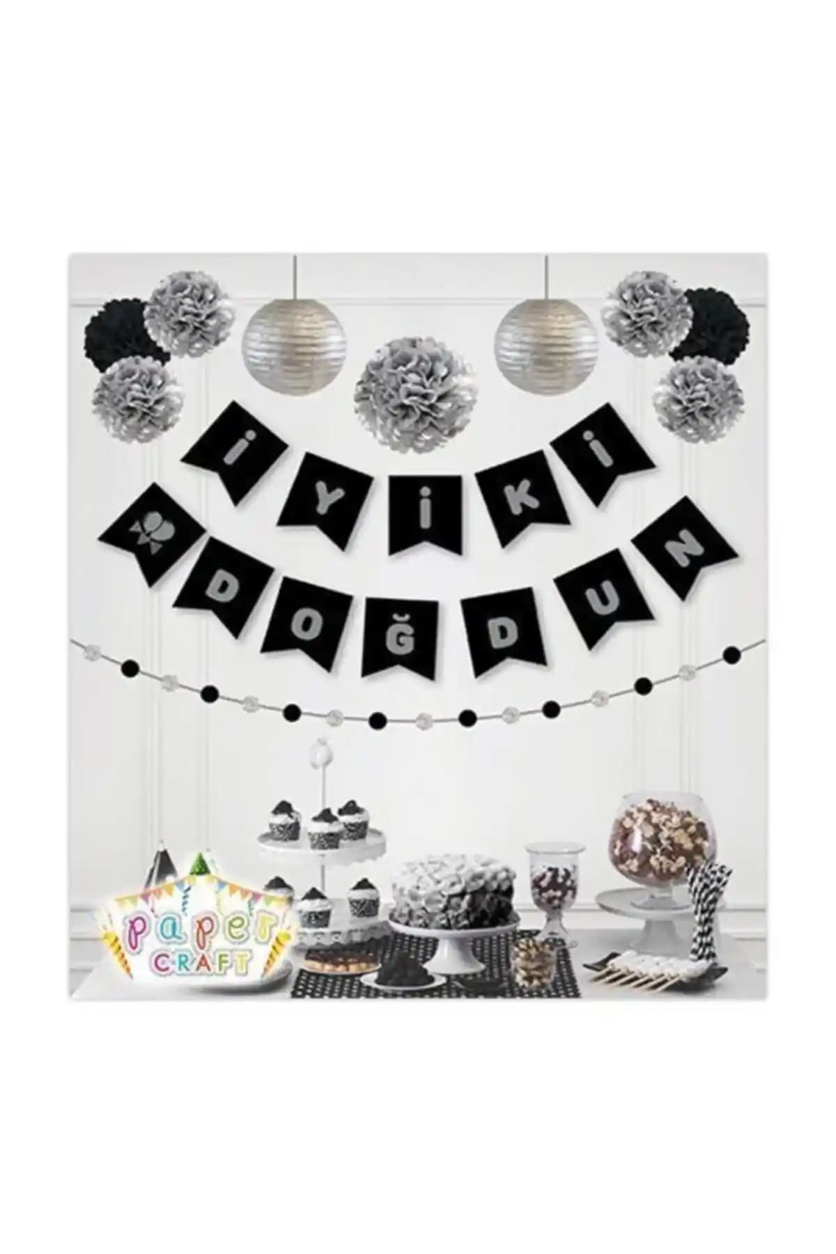 Türk Menşeli Siyah Gümüş Yalızlı 'İyi Ki Doğdun' Banner Dekoratif Ürünleri