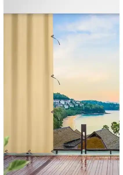 Altın Pamuk Bağcıklı Balkon Perdesi – Estetik ve Dayanıklı Dış Mekan Dekorasyonu